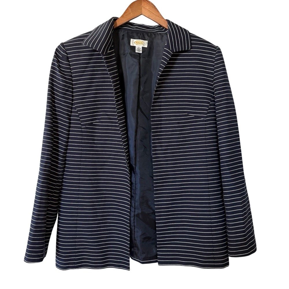 Talbots Blazer Womens 14 Navy Blue White Embroidered Striped Open Jacket Lined